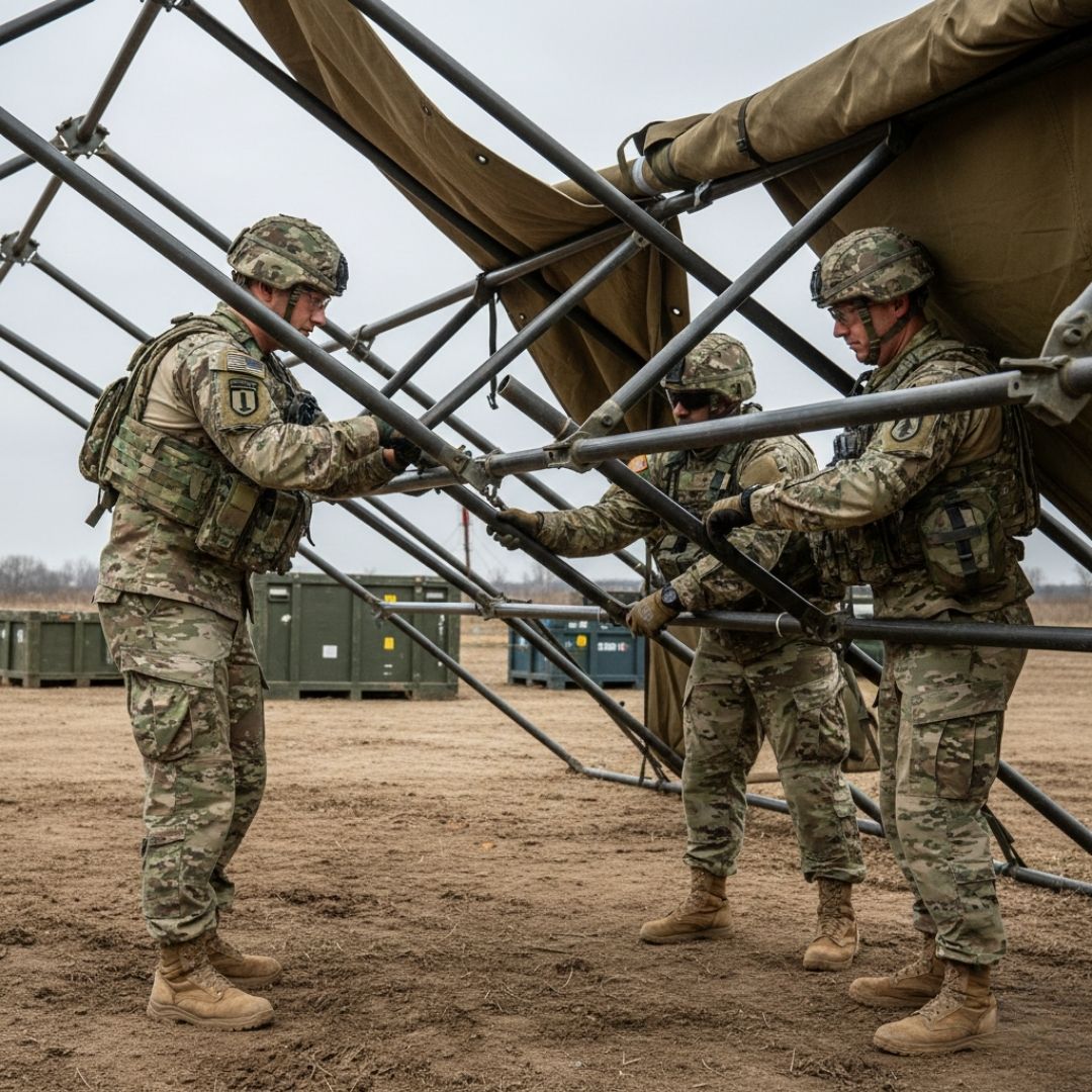team putting up metal poles