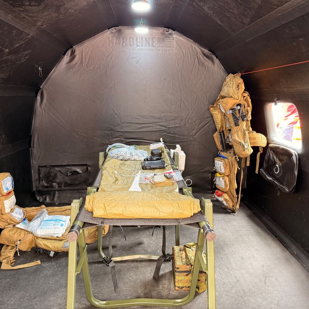 mobile tent set up with medical supplies