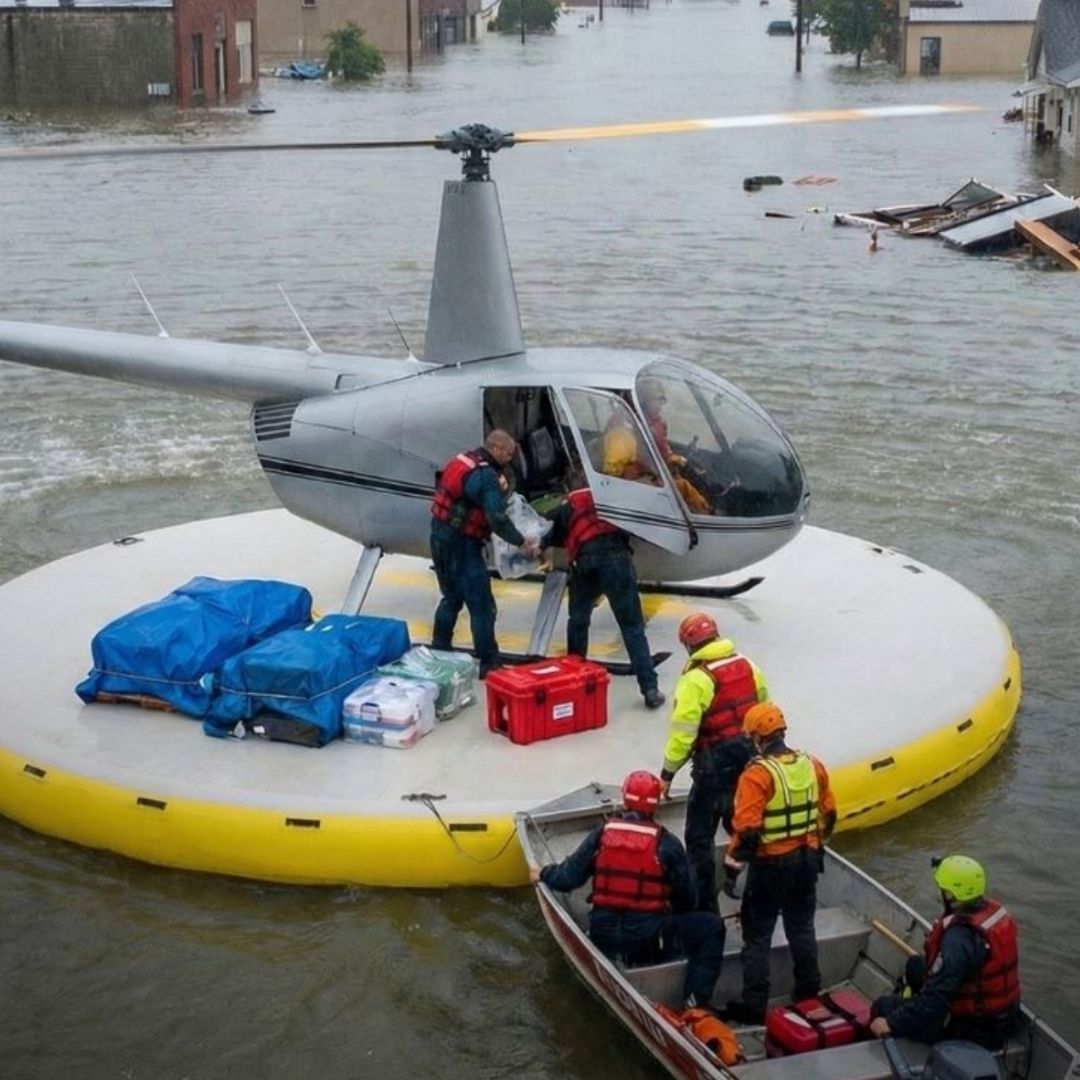 A grey helicopter landed safely on a floating Hardline Helipad in the middle of muddy floodwaters.