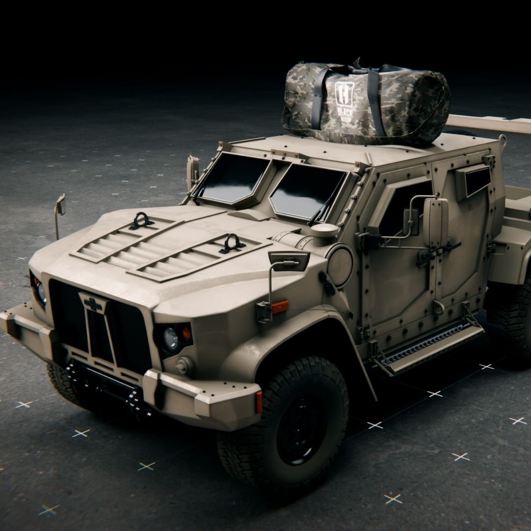 A perspective shot of a light tactical vehicle (tactical humvee) fully covered by its base layer of matching camouflage netting, with the compact Black Widow deployment pack visible on the roof.