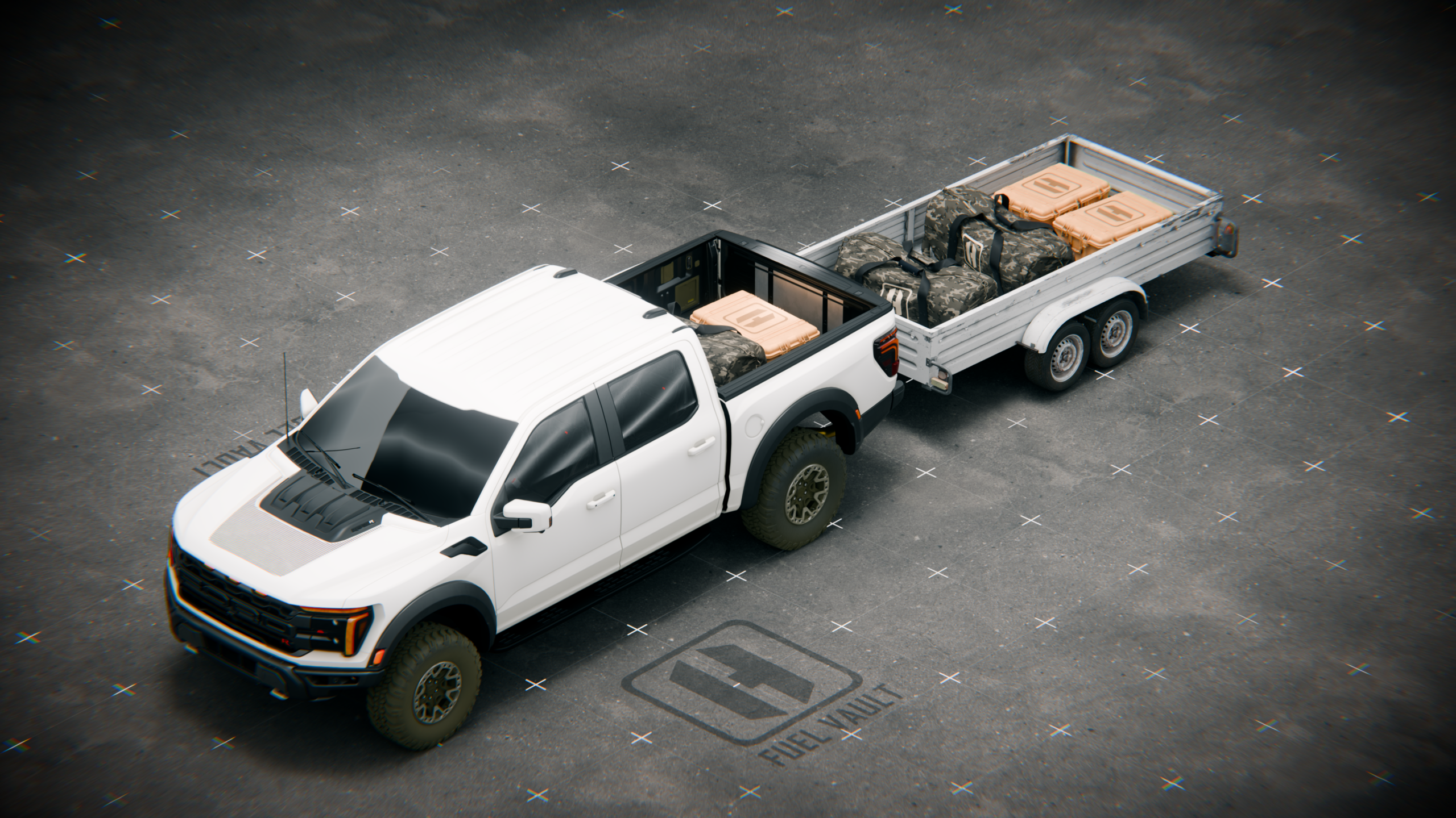 Hardline FuelVault_F150_DoubleTrailer_packed_Angle_1